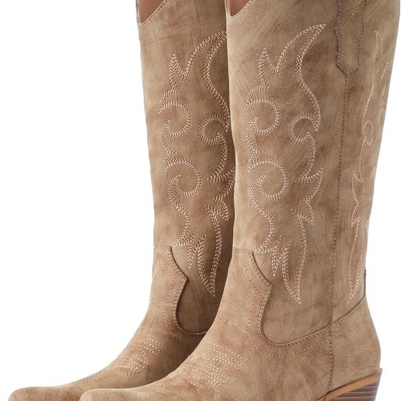 Women's Cowboy Boots Faux Leather Calf High Chunky Heel Western Snip Toe